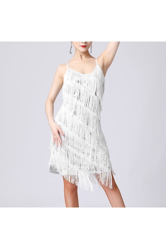 Ballroom Dance Woman Sequin Dress Shiny Latin Dance Dress Female Samba Tango White XL YIWEI