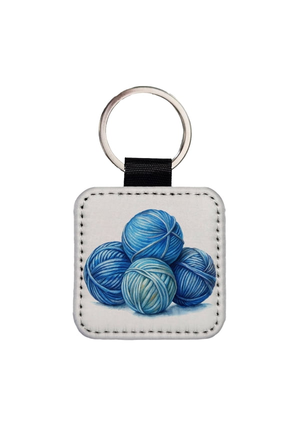Balls Of Blue Yarn Knitting Crochet Watercolor Faux Leather Square Keychain