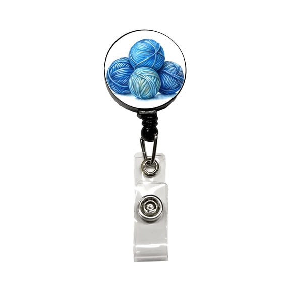 Balls Of Blue Yarn Knitting Crochet Watercolor Retractable Reel ID Badge Key Card Name Tag Holder with Clip