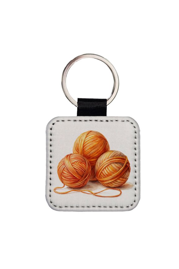 Balls Of Orange Yarn Knitting Crochet Watercolor Faux Leather Square Keychain