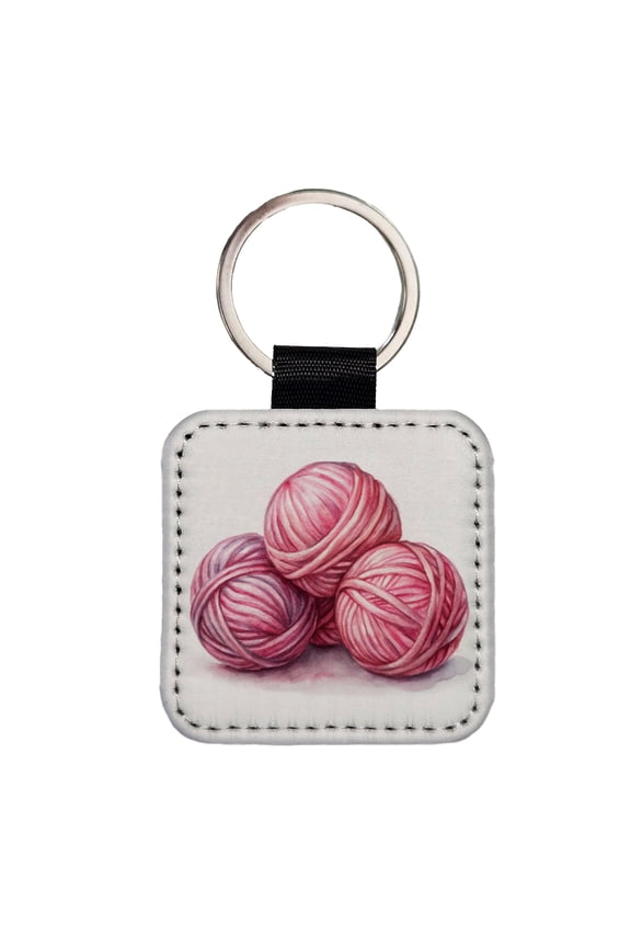 Balls Of Pink Yarn Knitting Crochet Watercolor Faux Leather Square Keychain