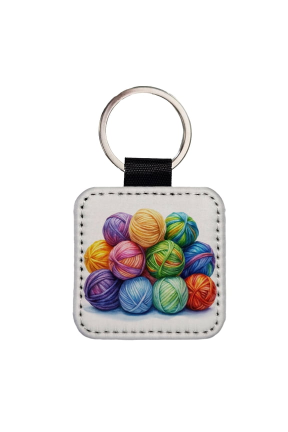 Balls Of Rainbow Yarn Knitting Crochet Watercolor Faux Leather Square Keychain