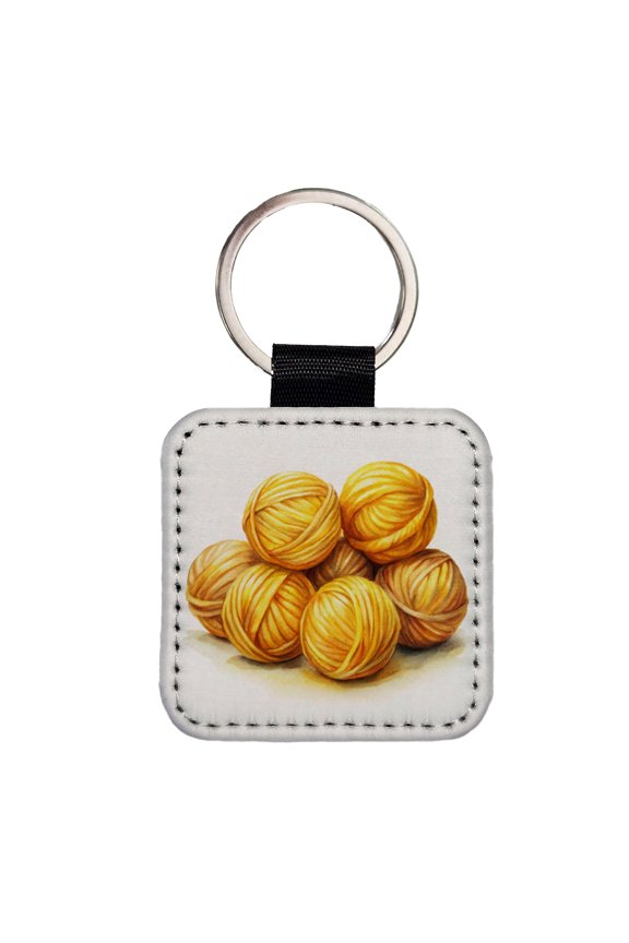 Balls Of Yellow Yarn Knitting Crochet Watercolor Faux Leather Square Keychain