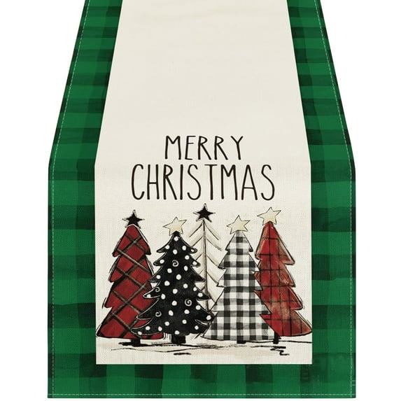 BallsFHK 13x72 Inch Mode Waterclor Plaid Christmas Trees Merry Xmas Table Runner, Seasonal Winter Holiday Kitchen Dining Table Christmas Decoration For Indoor Home Party