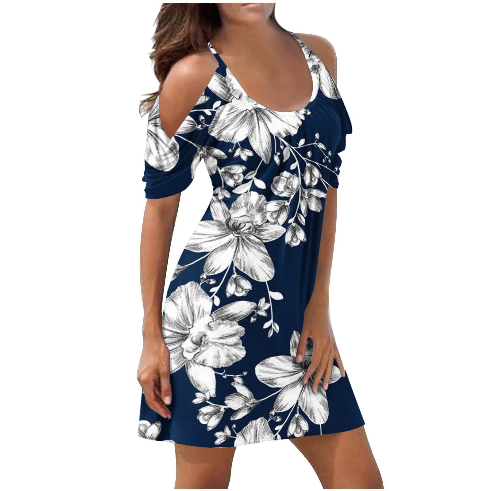 Beach Dresses For Women Trendy Summer Floral Spaghetti Strap Cold Shoulder  Short Sleeve Mini Casual Dress