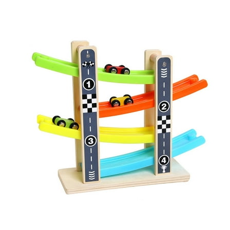 BallsFHK Boy And Girl Gifts Wooden Race Track Car Ramp Racer With 4 Cars Toddler Toy