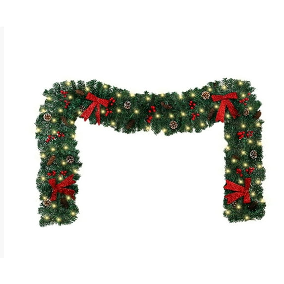 BallsFHK Christmas wreath-9FT pine wreath with red berry cedar fruit and bow, suitable for indoor and outdoor Christmas decoration