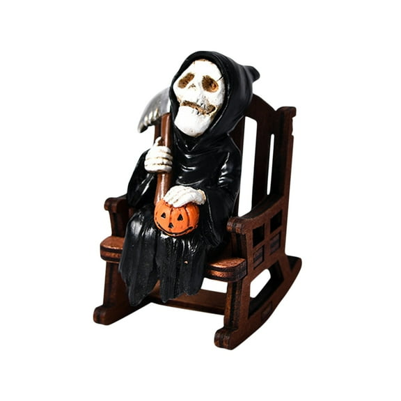 BallsFHK Halloween Ghost Decor, 4 Inch Black Skeleton + Rocking Chair Home Desktop Decoration Resin Ornament,for Halloween Garden Party Window