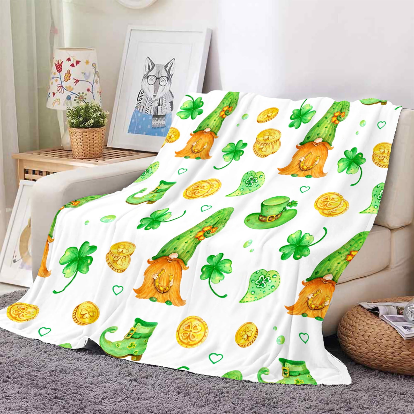 BallsFHK St Patricks Day Throw Blanket Clovers And Shamrocks Design Super Soft Flannel Fleece Blanket Green Gnome Leaf Saints Blanket Decorations For Bed Couch Living Walmart