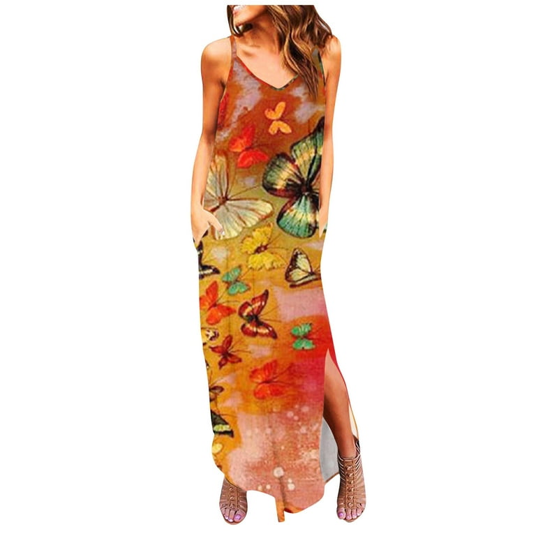 BallsFHK Women's Casual Sundress Long Dress Spaghetti Strap Cold Shoulder Sleeveless  Split Maxi Dresses Beach Dress With Pockets dresses for women 2023 