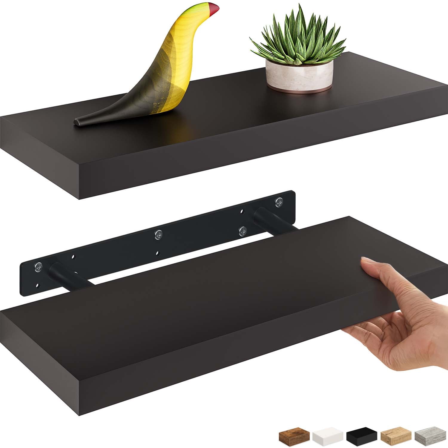 Ballucci 16" Floating Shelves for Wall, 2-Pack with Invisible Brackets, 6" Deep, Black