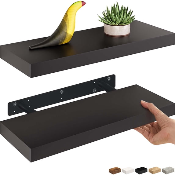 Ballucci 16" Floating Shelves for Wall, 2-Pack with Invisible Brackets, 6" Deep, Black