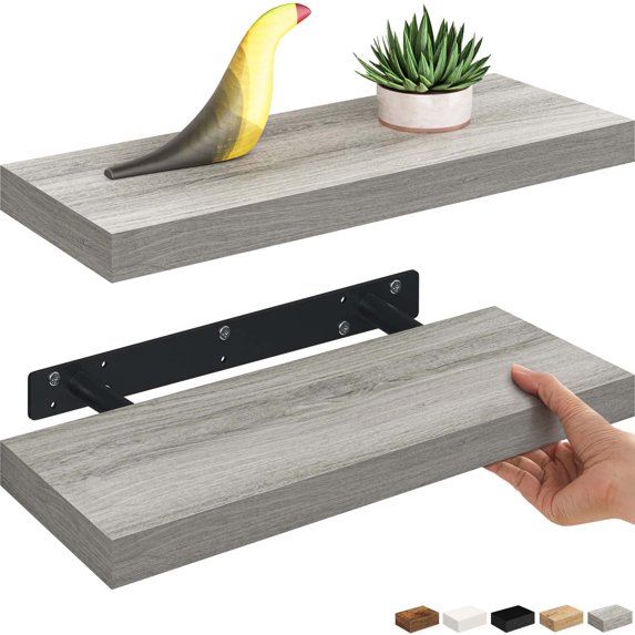 Ballucci 16" Floating Shelves for Wall, 2-Pack with Invisible Brackets, 6" Deep, Gray Oak