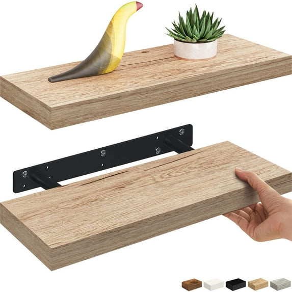 Ballucci 16" Floating Shelves for Wall, 2-Pack with Invisible Brackets, 6" Deep, Natural Oak