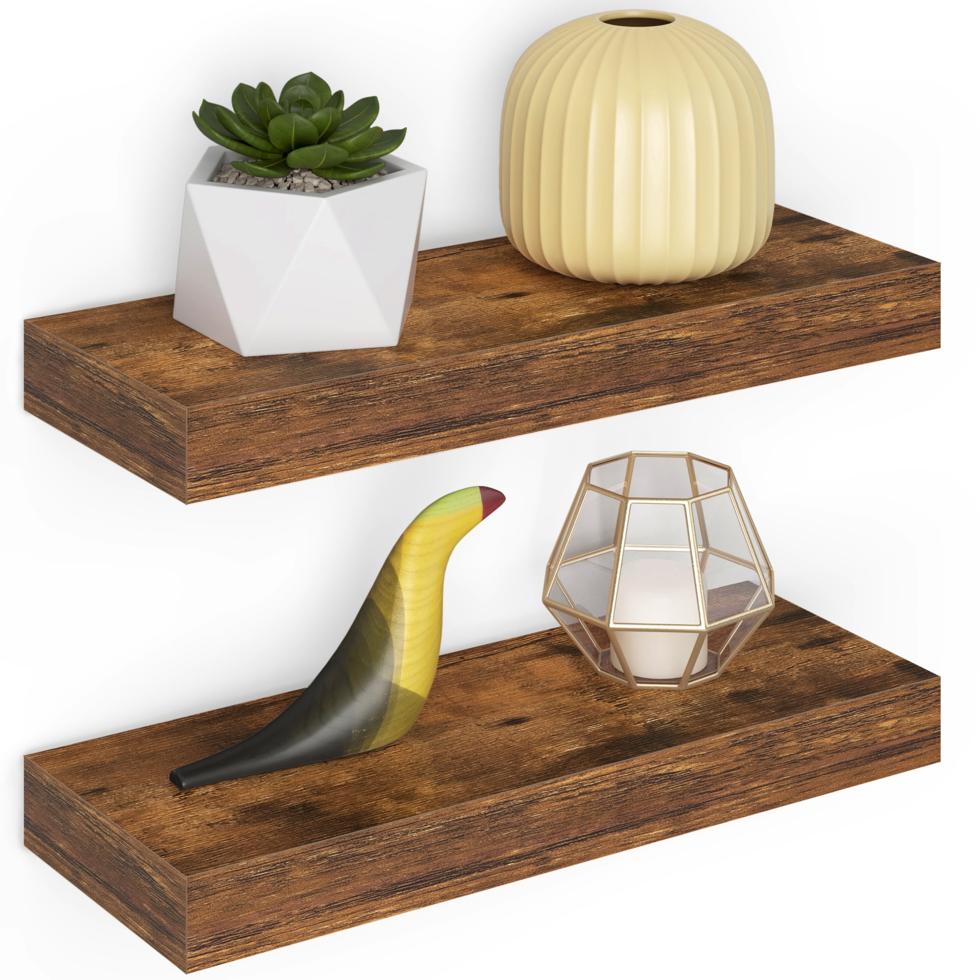 Rustic Brown Veneered Wood Floating Shelves with Invisible Brackets, 16" Set of 2