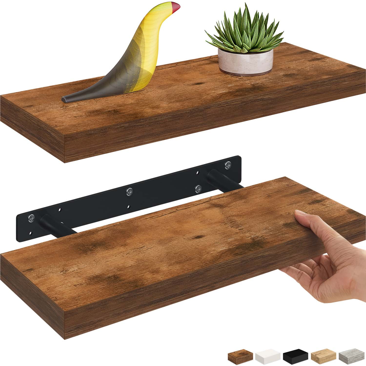 Rustic Brown Veneered Wood Floating Shelves with Invisible Brackets, 16" Set of 2