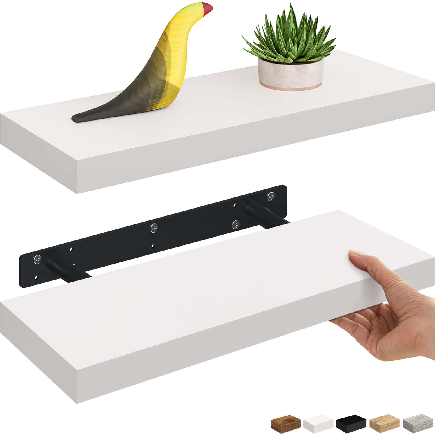 White Veneered 16" Floating Wall Shelves with Invisible Brackets, 2-Pack