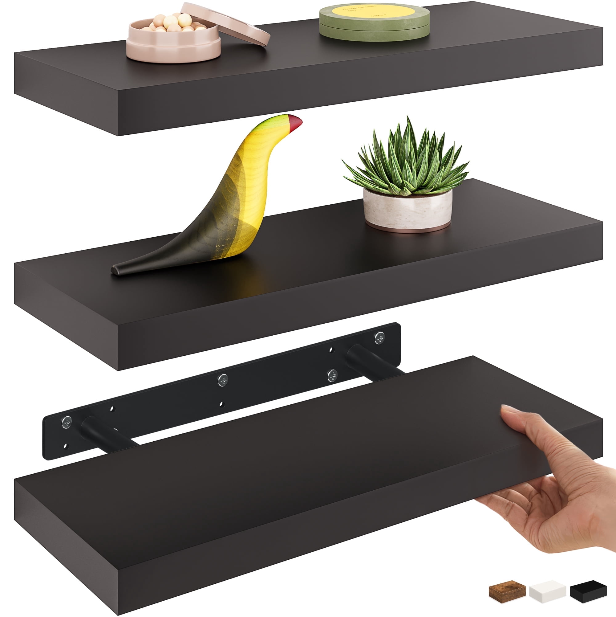 Ballucci 16" Floating Shelves for Wall, 3-Pack with Invisible Brackets, 6" Deep, Black