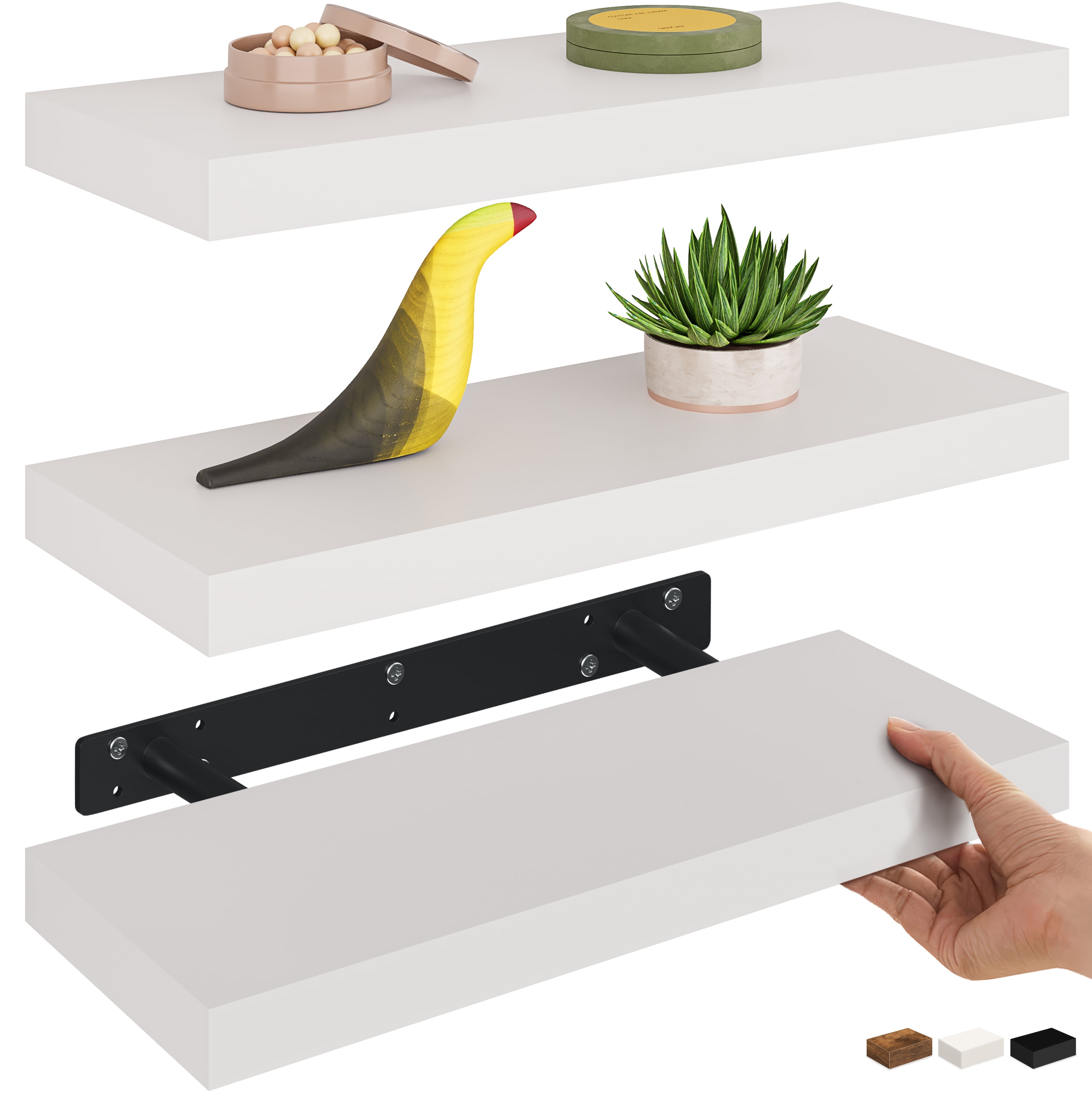 White Veneered Wood Floating Wall Shelves, 3-Pack, 16"