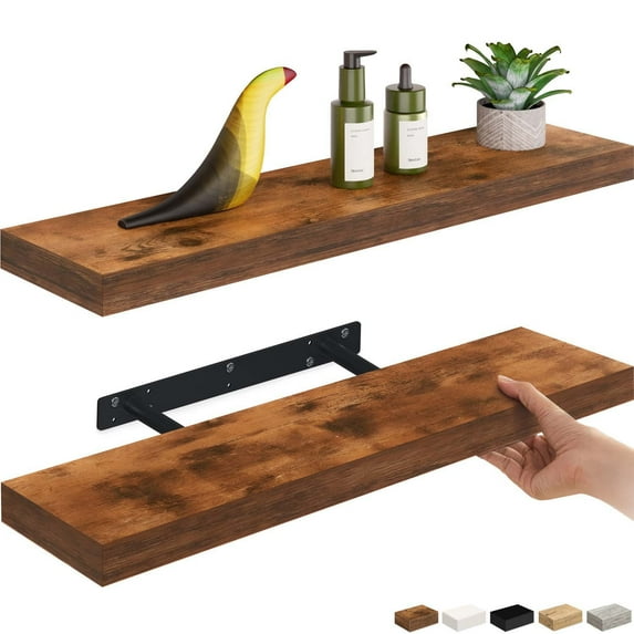 Ballucci 24" Floating Shelves, 2-Pack Wood Wall Shelf Set with Invisible Brackets, 6" D, Rustic Brown