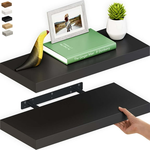 Ballucci 24" Floating Shelves, 2-Pack Wood Wall Shelf Set with Invisible Brackets, 8" Deep, Black