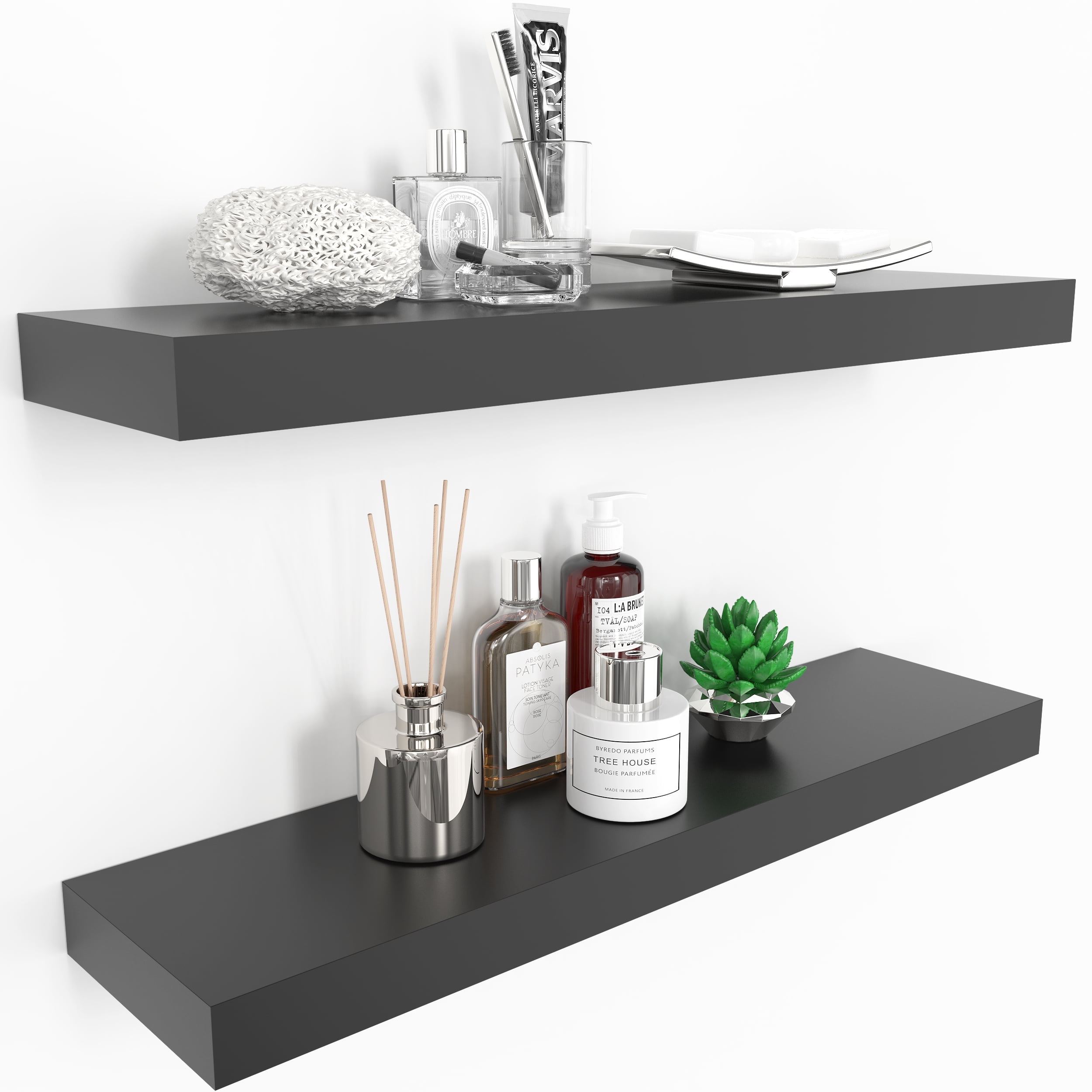 Black Veneered Wood Floating Wall Shelves with Invisible Brackets, Set of 2