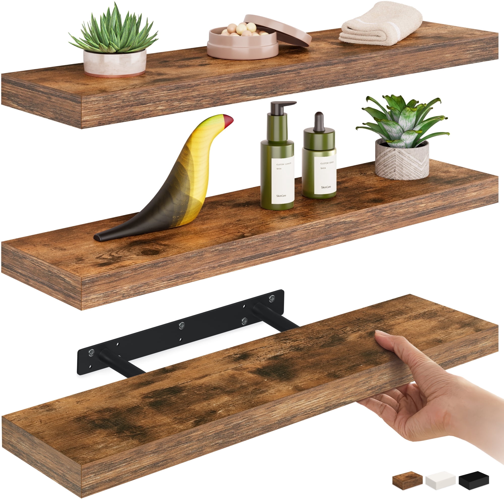 Ballucci 24" Floating Shelves for Wall, 3-Pack with Invisible Brackets, 6" Deep, Rustic Brown