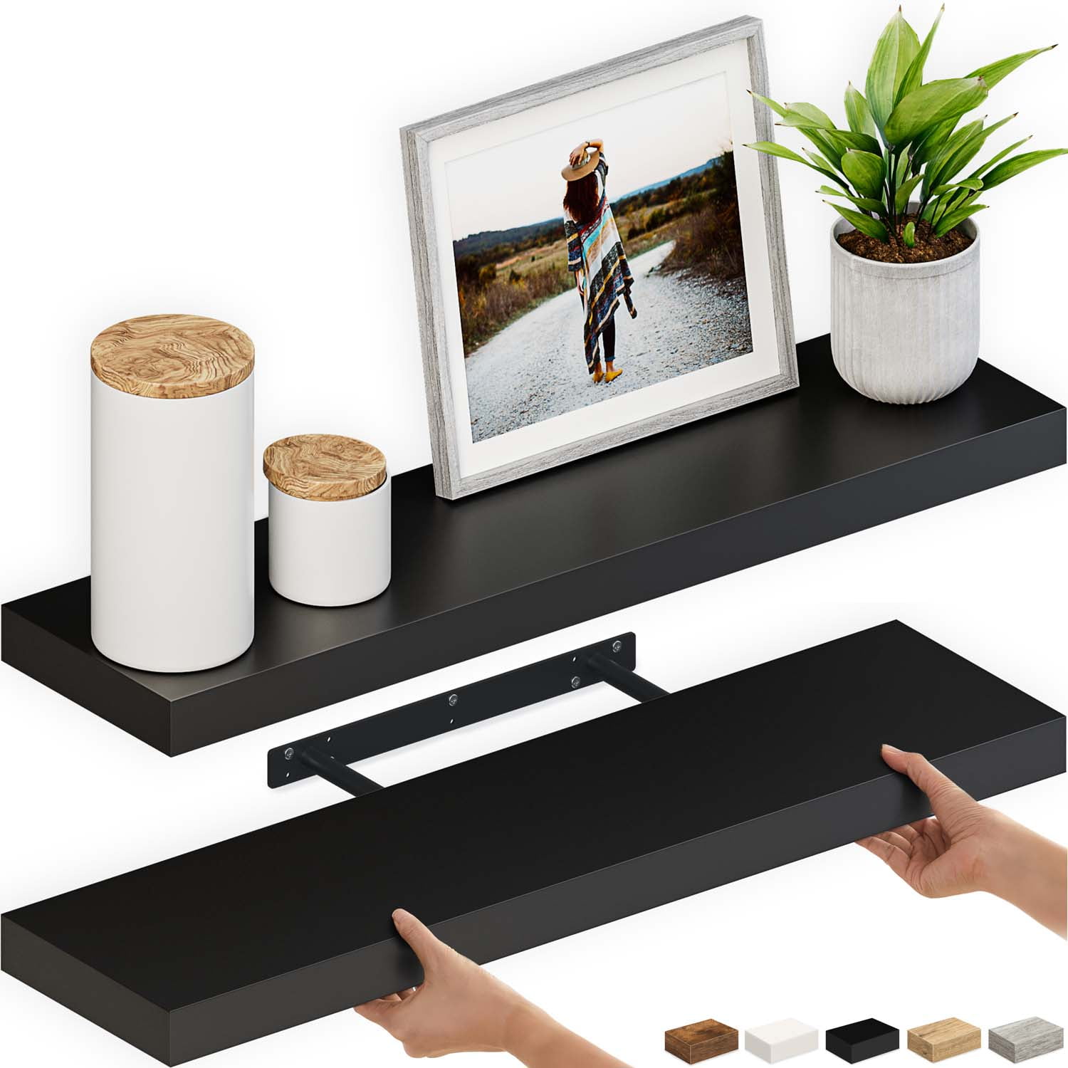 Black 36'' Floating Wood Wall Shelves with Invisible Brackets, 2-Pack