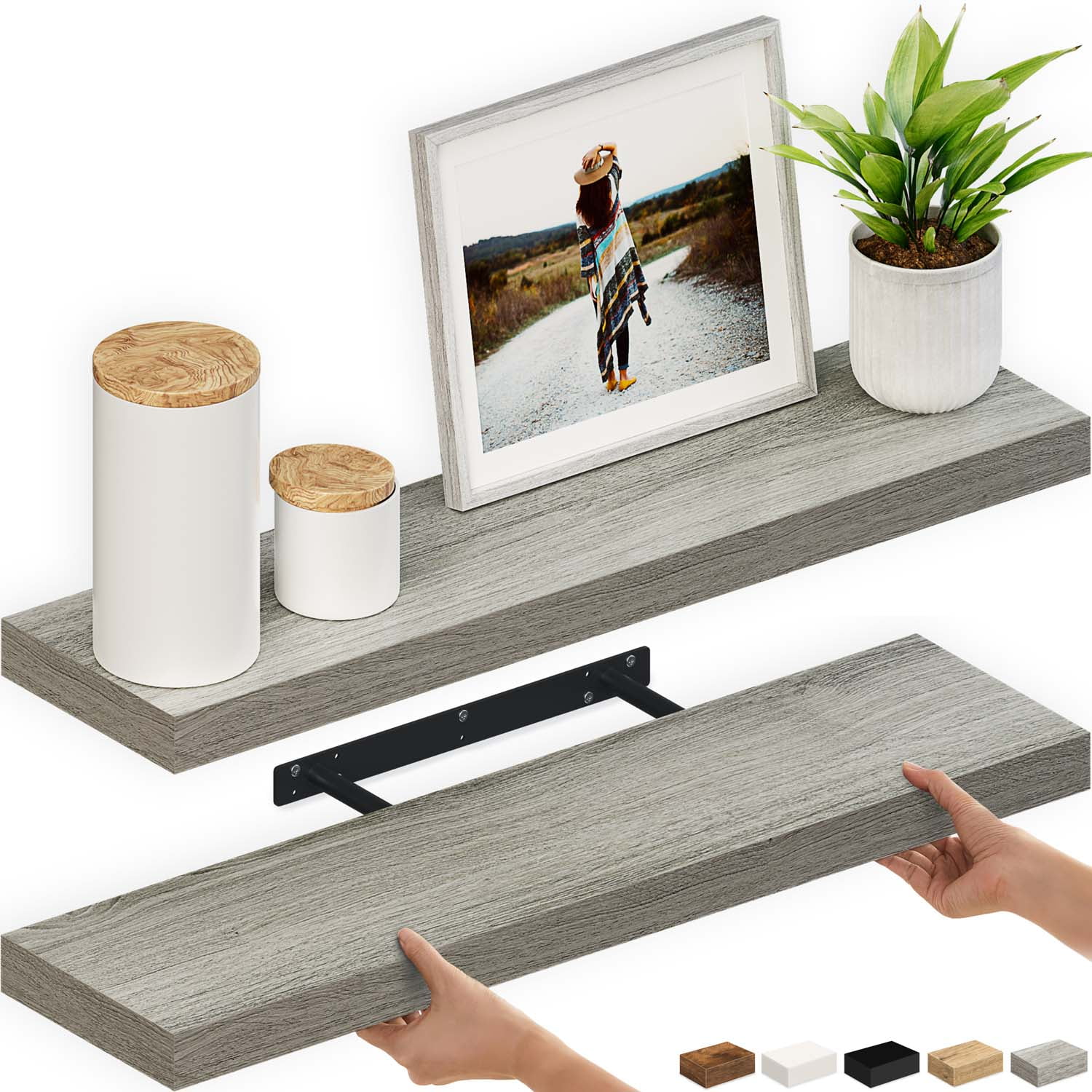 Ballucci 36" Floating Shelves, 2-Pack Wood Wall Shelf Set with Invisible Brackets, 6" Deep, Gray Oak