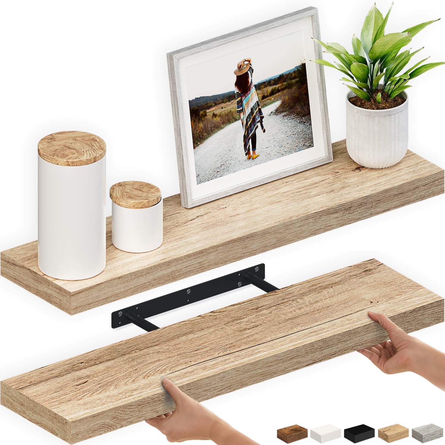 Ballucci 36" Floating Shelves, 2-Pack Wood Wall Shelf Set with Invisible Brackets, 6" Deep, Oak Finish