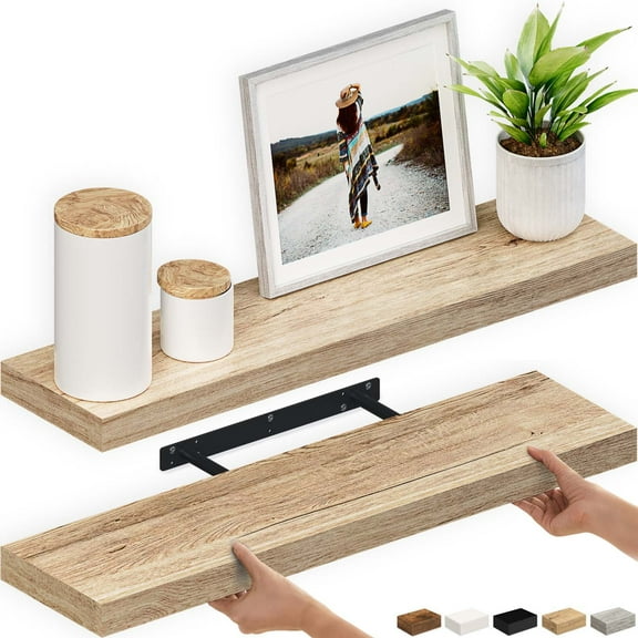 Ballucci 36" Floating Shelves, 2-Pack Wood Wall Shelf Set with Invisible Brackets, 6" Deep, Oak Finish