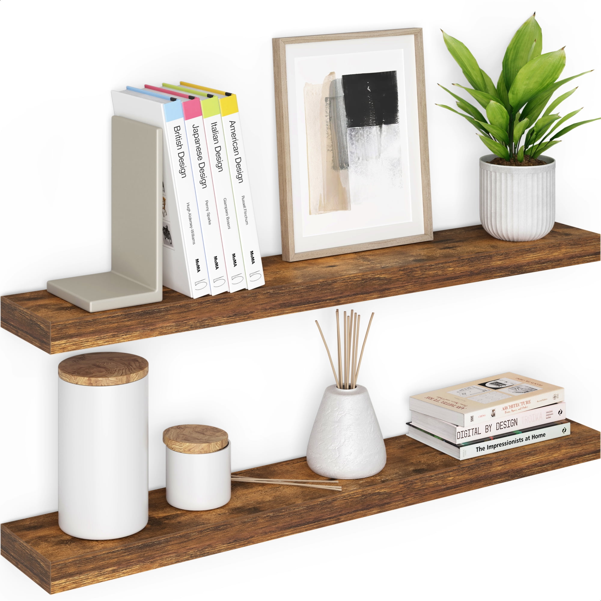 Rustic Brown Wood Floating Wall Shelves with Invisible Brackets, 36" Set of 2