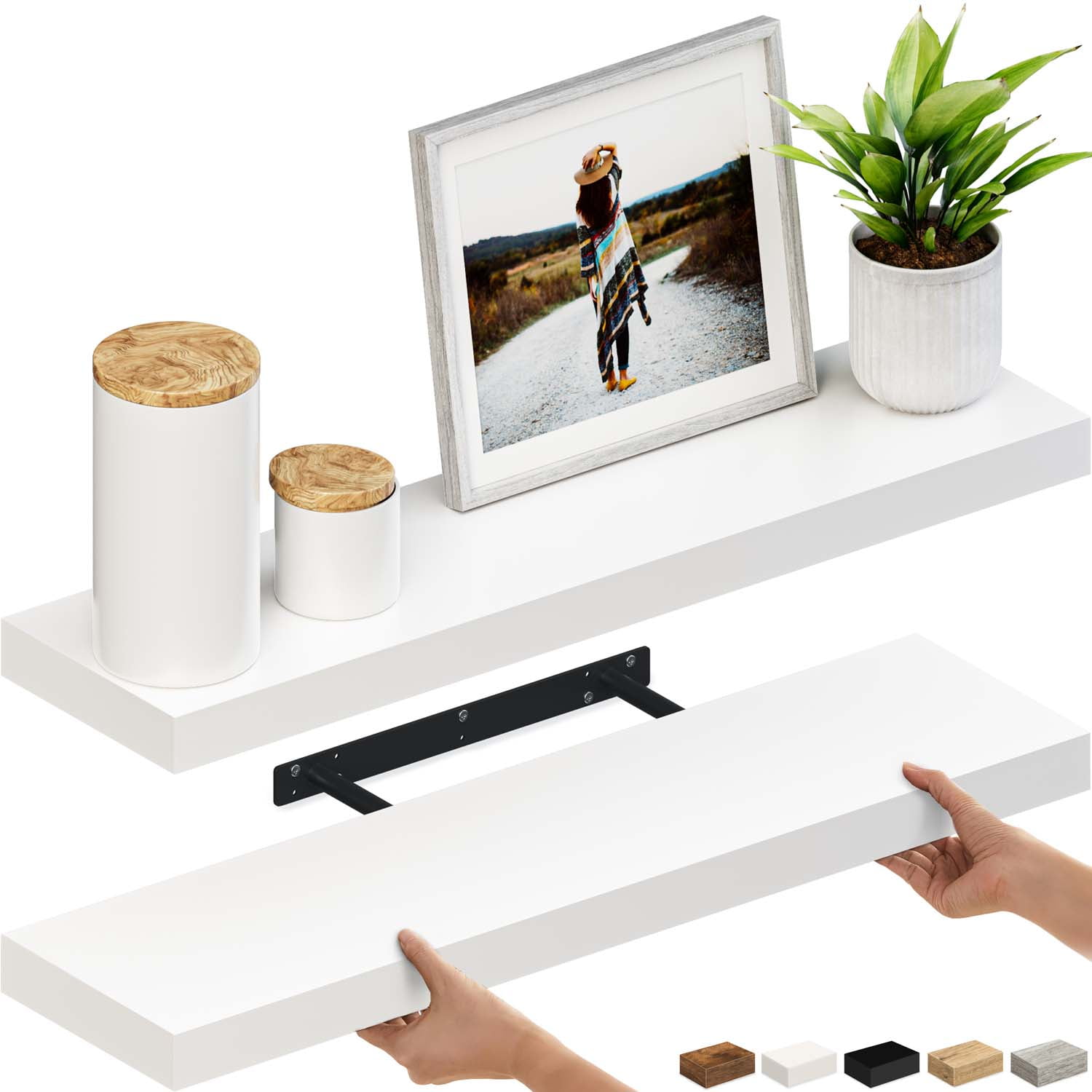 White Veneered Wood Floating Wall Shelves Set of 2