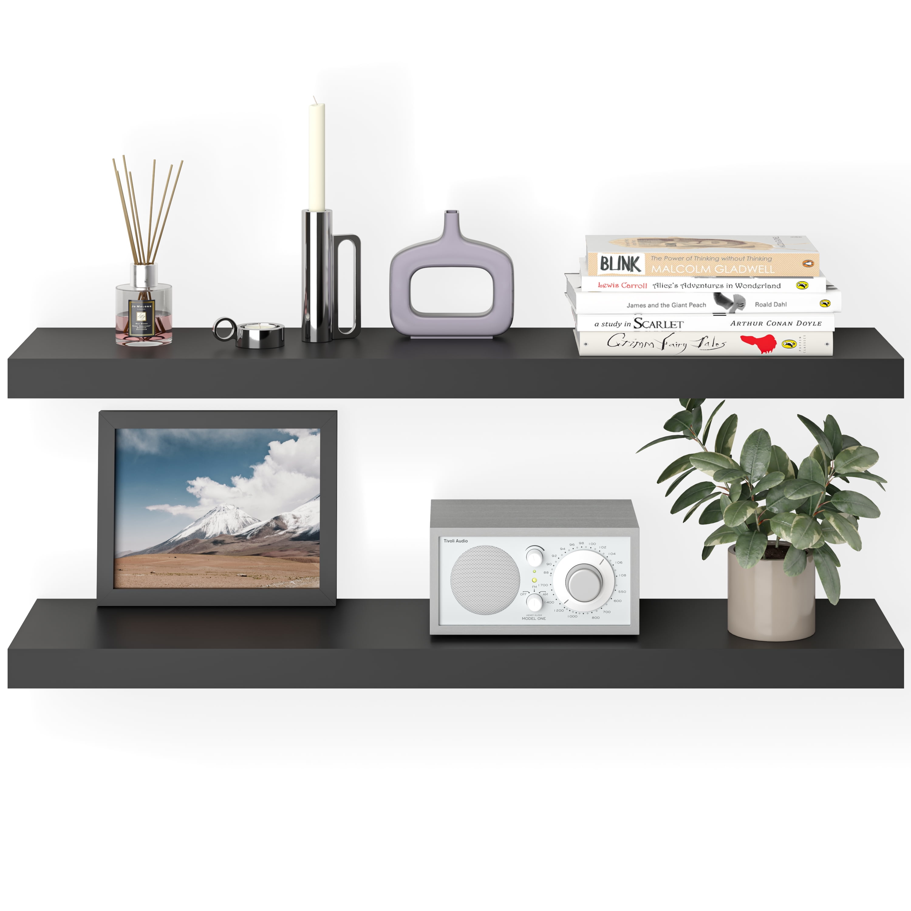 Black Wood Floating Wall Shelves Set with Invisible Brackets