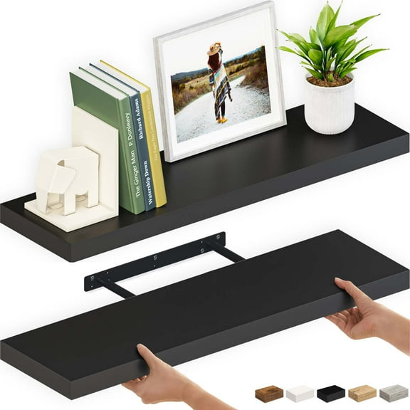 Ballucci 36" Floating Shelves, 2-Pack Wood Wall Shelf Set with Invisible Brackets, 8" Deep, Black