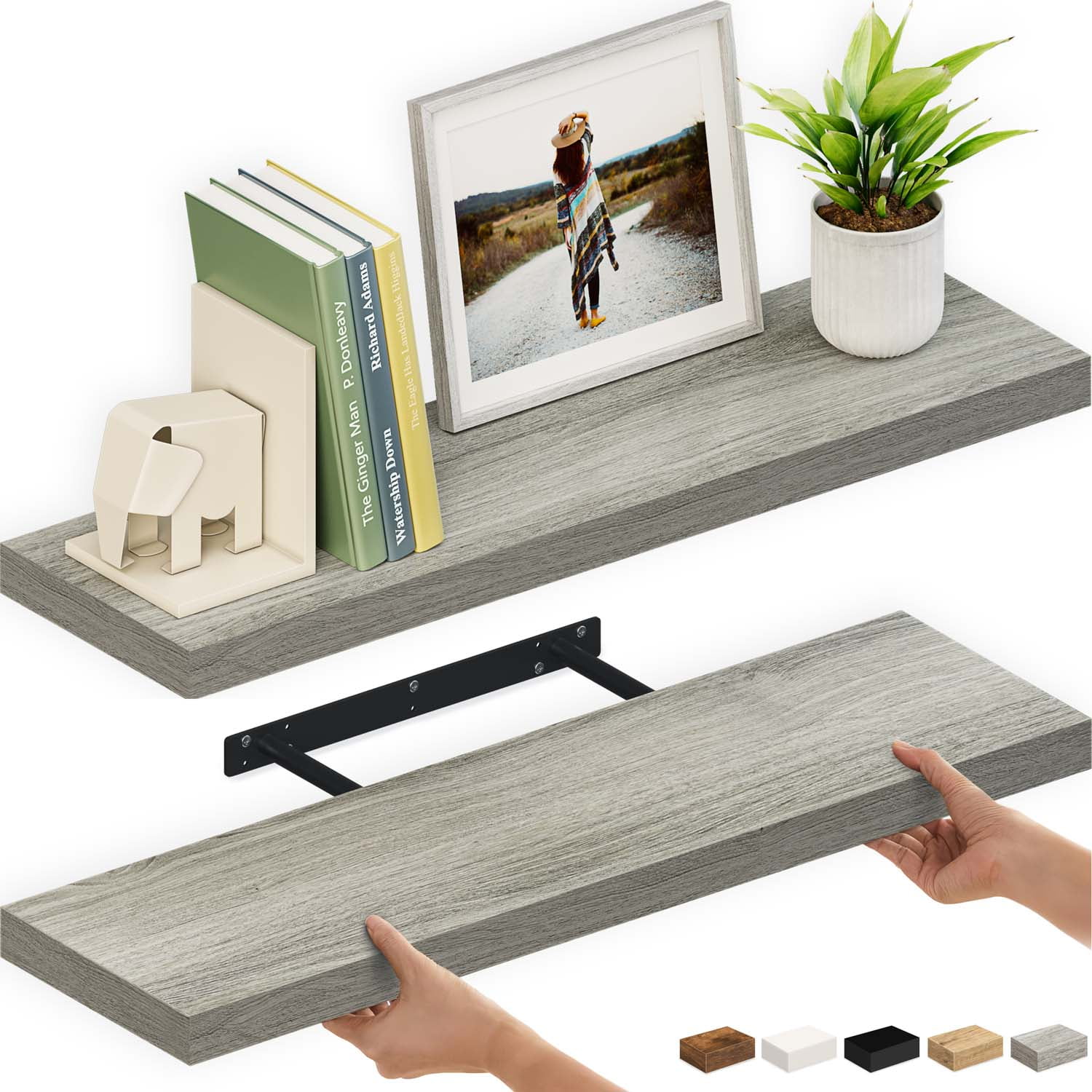 Gray Oak 36" Floating Wall Shelves with Invisible Brackets, Set of 2