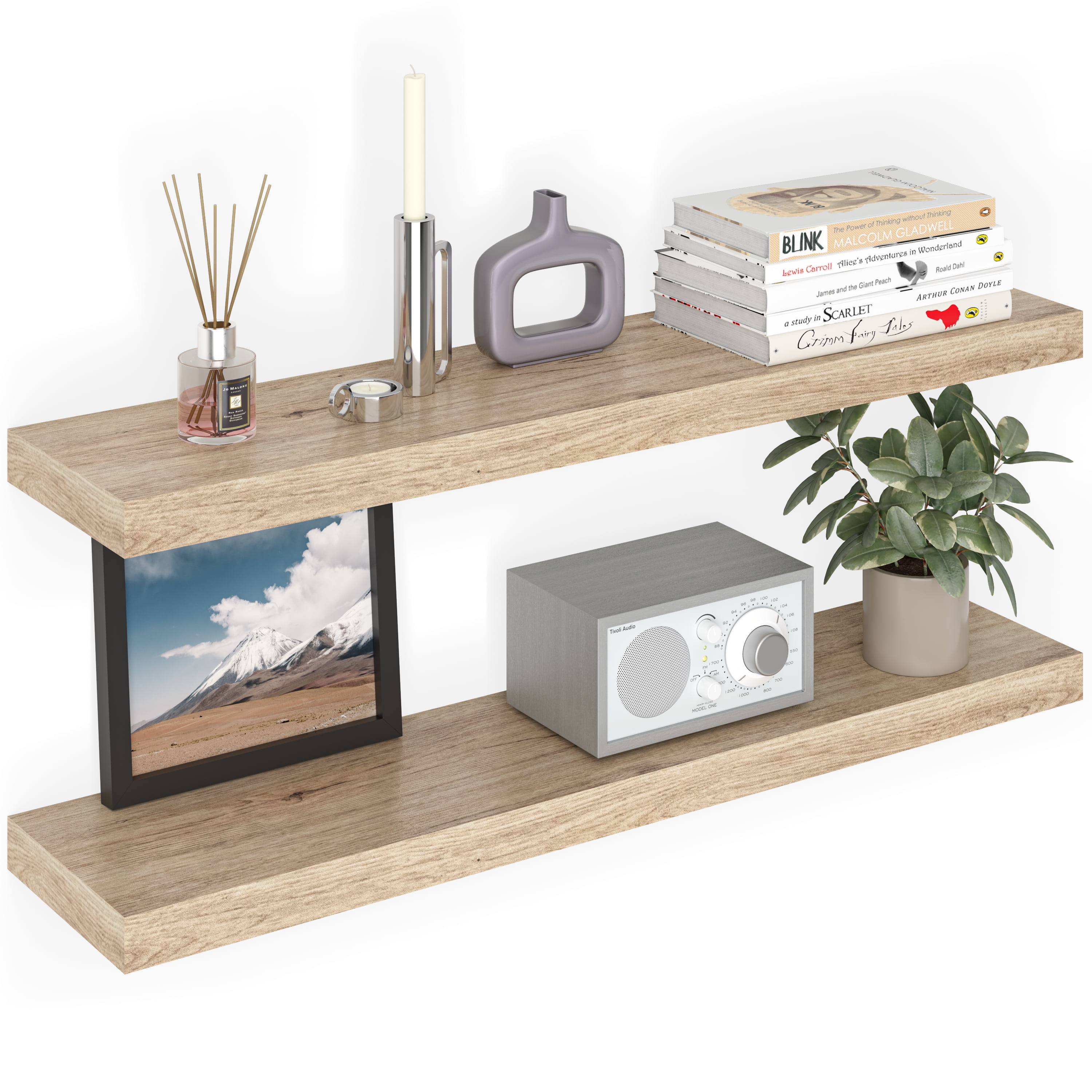 Oak Veneered Floating Wall Shelves with Invisible Brackets, Set of 2