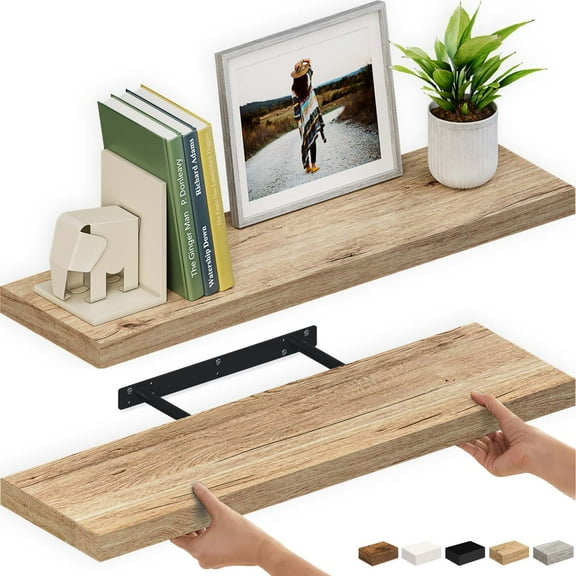 Ballucci 36" Floating Shelves, 2-Pack Wood Wall Shelf Set with Invisible Brackets, 8" Deep, Oak Finish