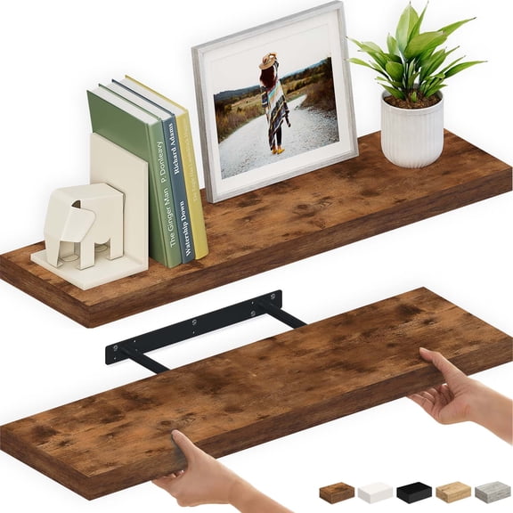 Ballucci 36" Floating Shelves, 2-Pack Wood Wall Shelf Set with Invisible Brackets, 8" Deep, Rustic Brown