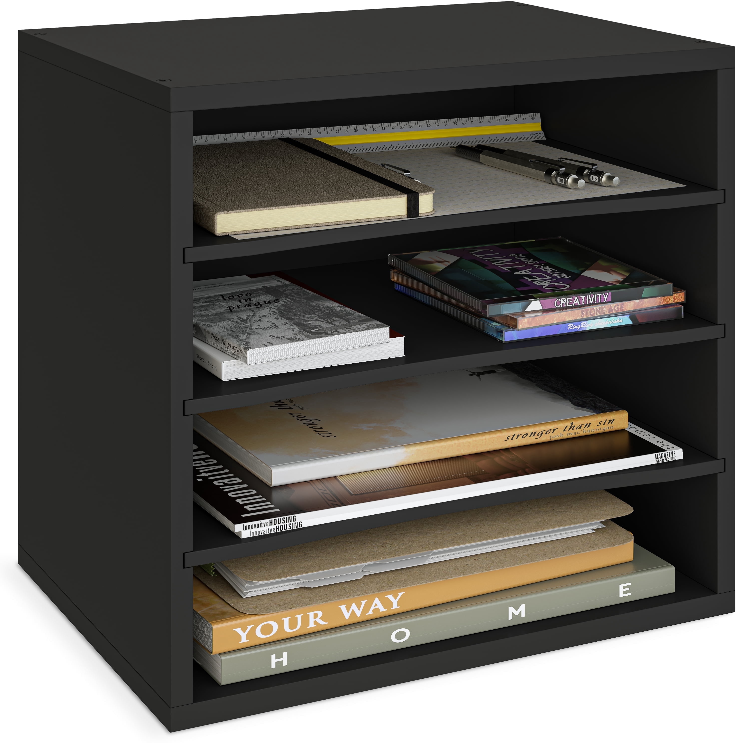Ballucci 4-Tier File Paper Organizer, Wood Stackable Letter Tray with Adjustable Shelves, Black