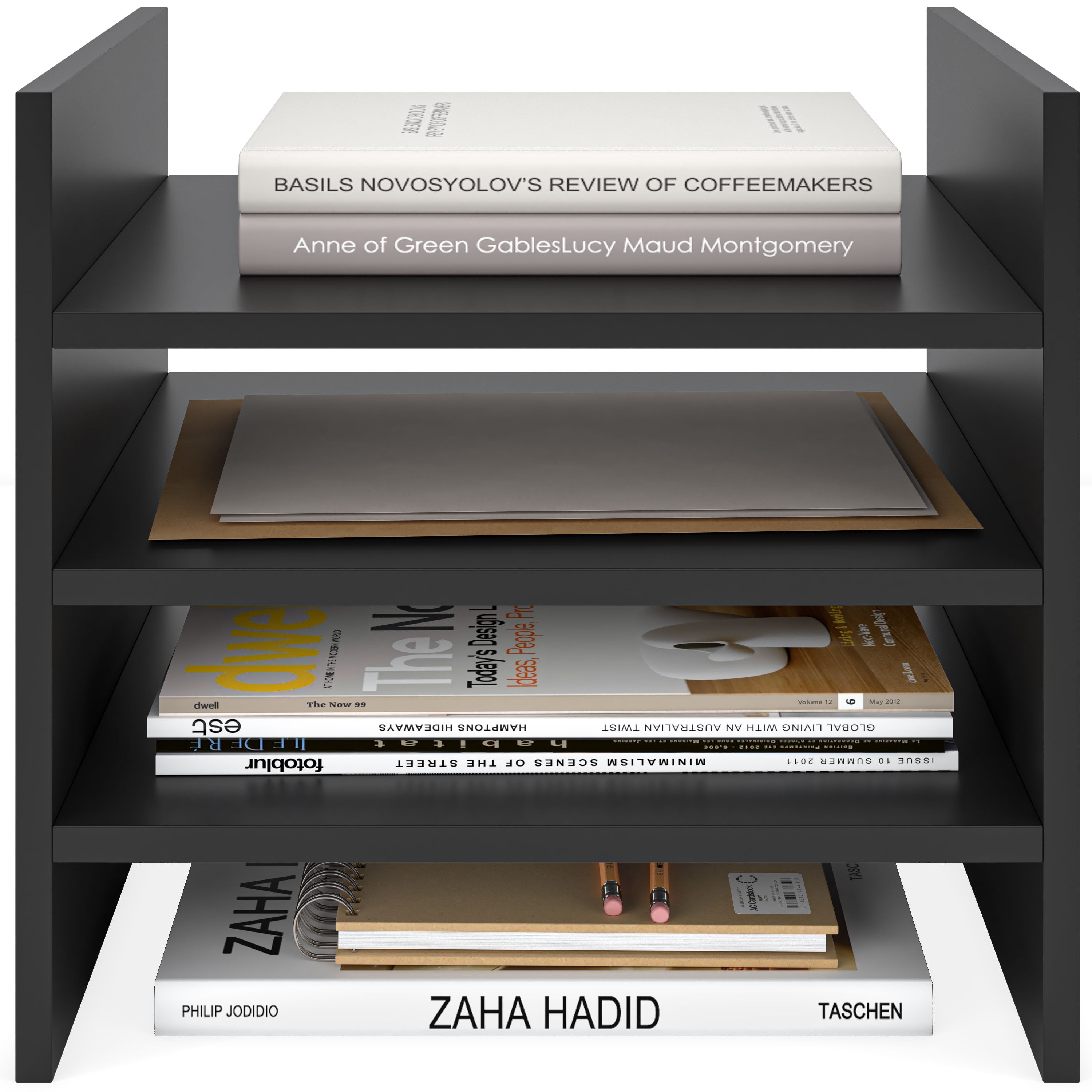 Black Painted 4-Tier Wooden Letter Tray Organizer