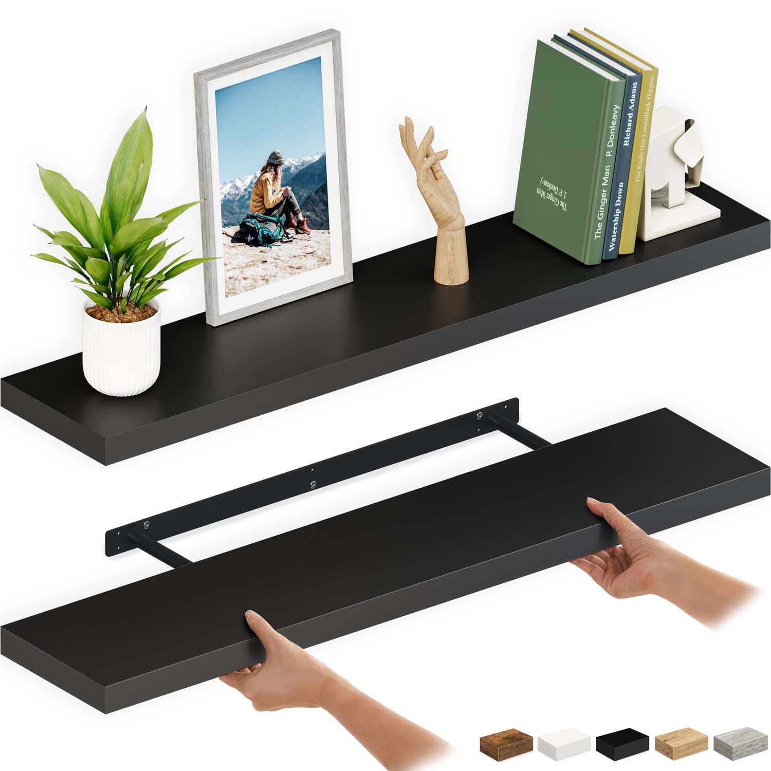 Black Veneered Wood Floating Shelves with Invisible Brackets, Set of 2