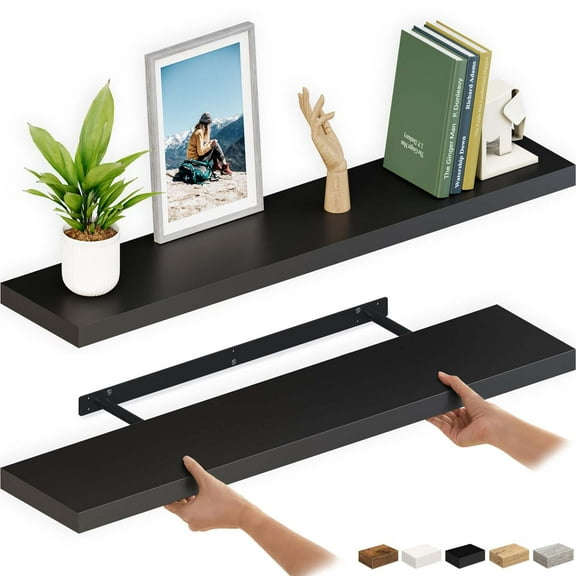 Ballucci 48" Floating Shelves, 2-Pack Wood Wall Shelf Set with Invisible Brackets, 8" Deep, Black