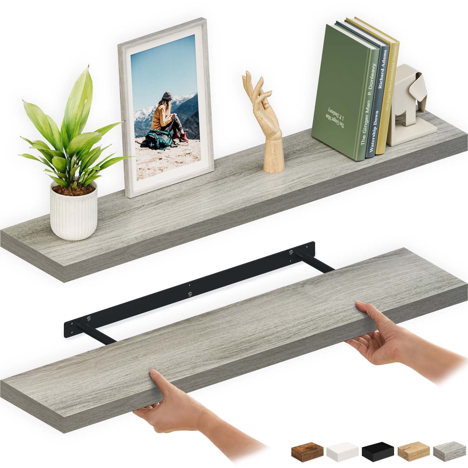 Gray Oak 48'' Floating Wall Shelves with Invisible Brackets