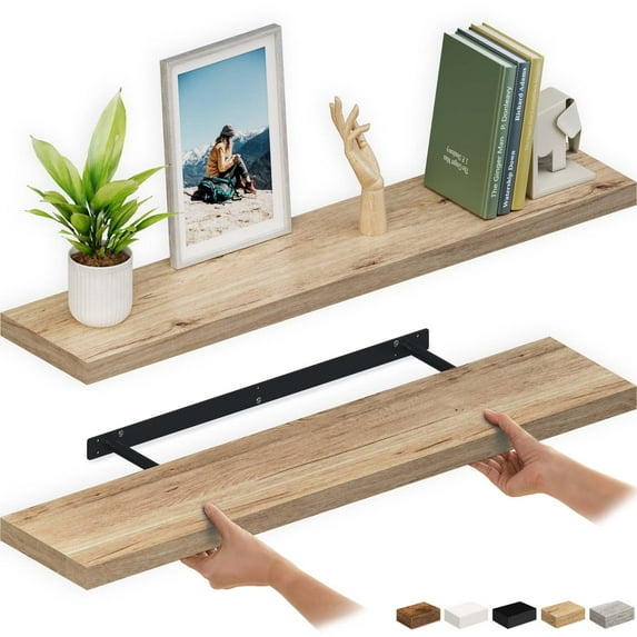 Ballucci 48" Floating Shelves, 2-Pack Wood Wall Shelf Set with Invisible Brackets, 8" Deep, Oak Finish