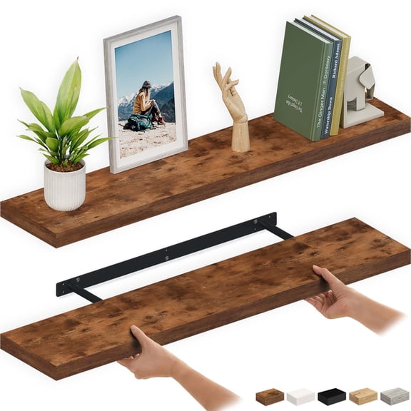 Ballucci 48" Floating Shelves, 2-Pack Wood Wall Shelf Set with Invisible Brackets, 8" Deep, Rustic Brown