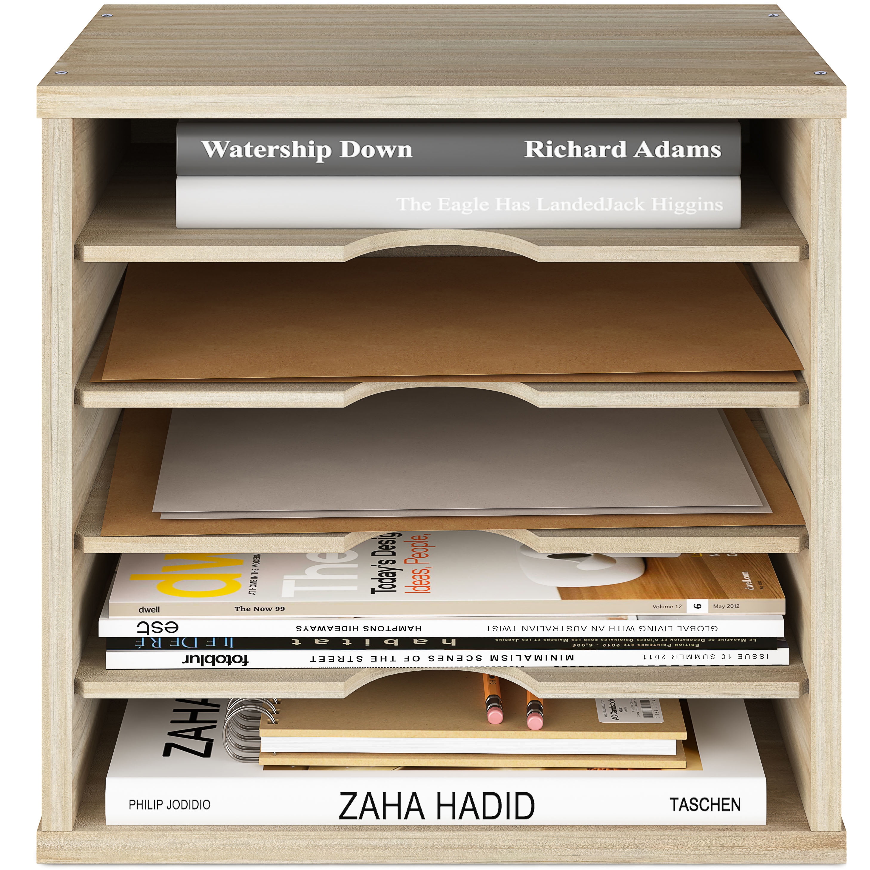 Ballucci 5 Tier Paper Organizer File Holder Mail Sorter Wood Stackable Letter Tray Brushed Wood