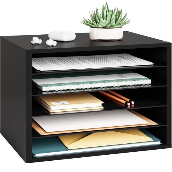 Ballucci 5 Tier Paper Organizer Letter Tray, Wood Desk File Organizer with Adjustable Shelves, Home Office School Letter/A4 Mail Sorter Magazine Holder - Black