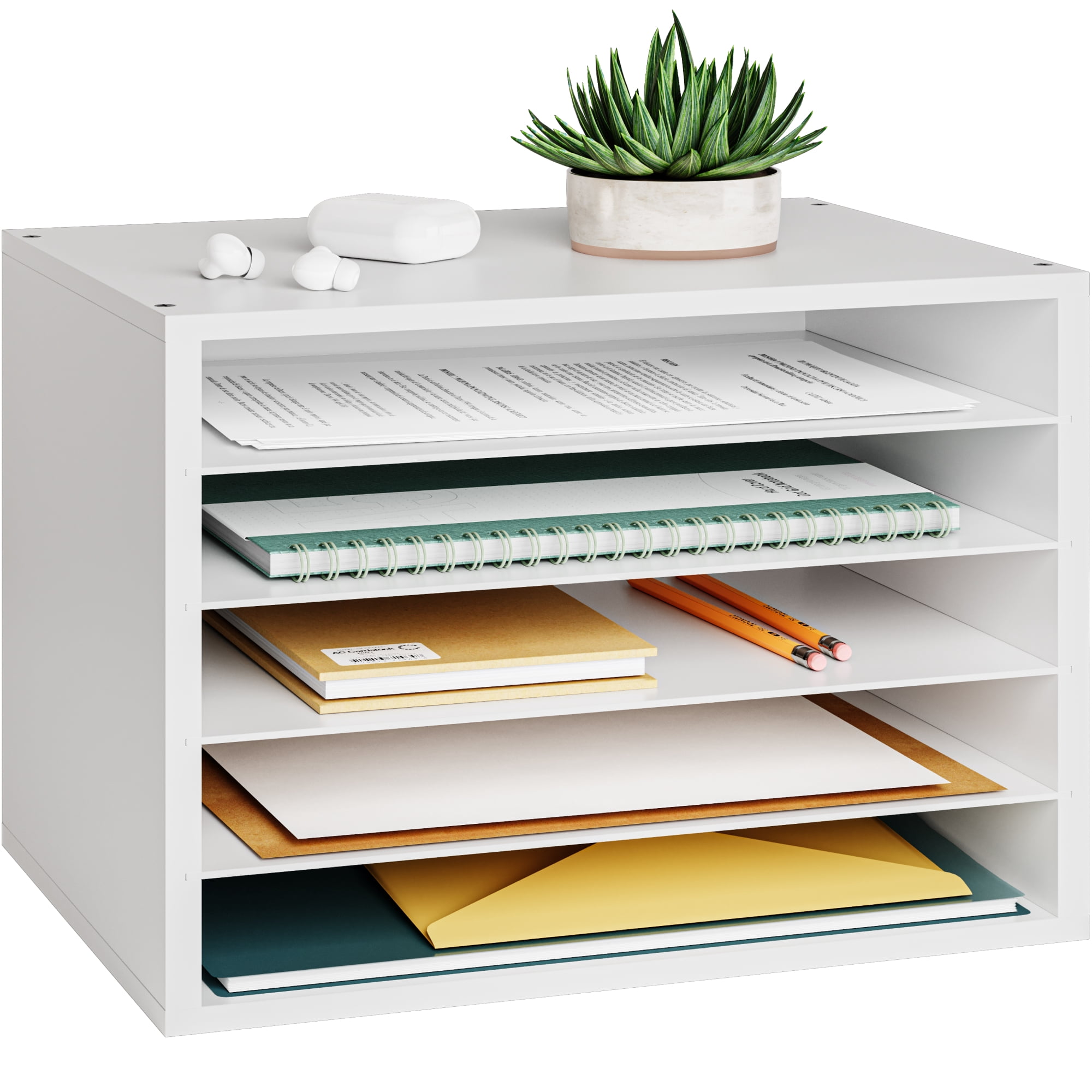 Ballucci 5 Tier Paper Organizer Letter Tray, Wood Desk File Organizer with Adjustable Shelves, Home Office School Letter/A4 Mail Sorter Magazine Holder - White