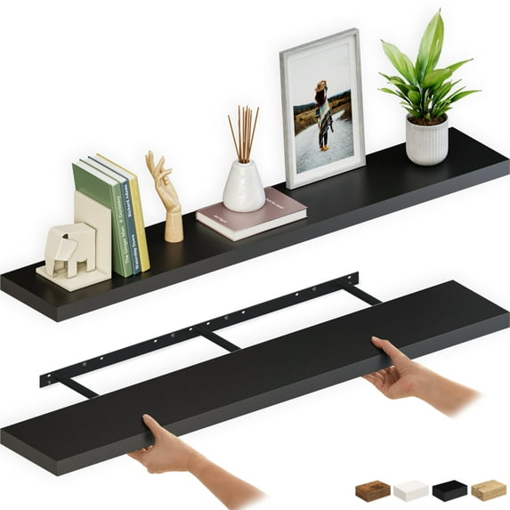 Ballucci 60" Floating Shelves, 2-Pack Wood Wall Shelf Set with Invisible Brackets, 8" Deep, Black